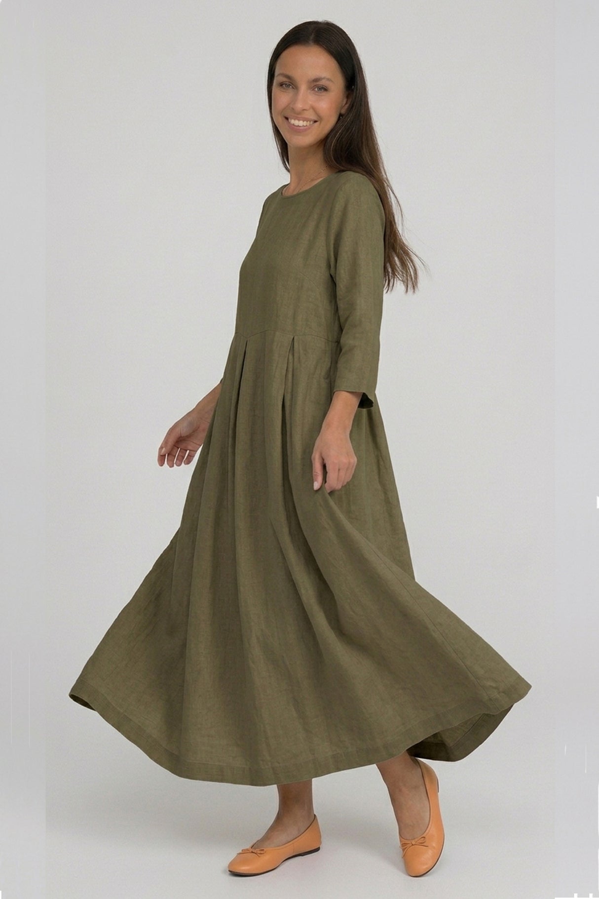 Cotton Linen Long Sleeve Loose Midi Dress