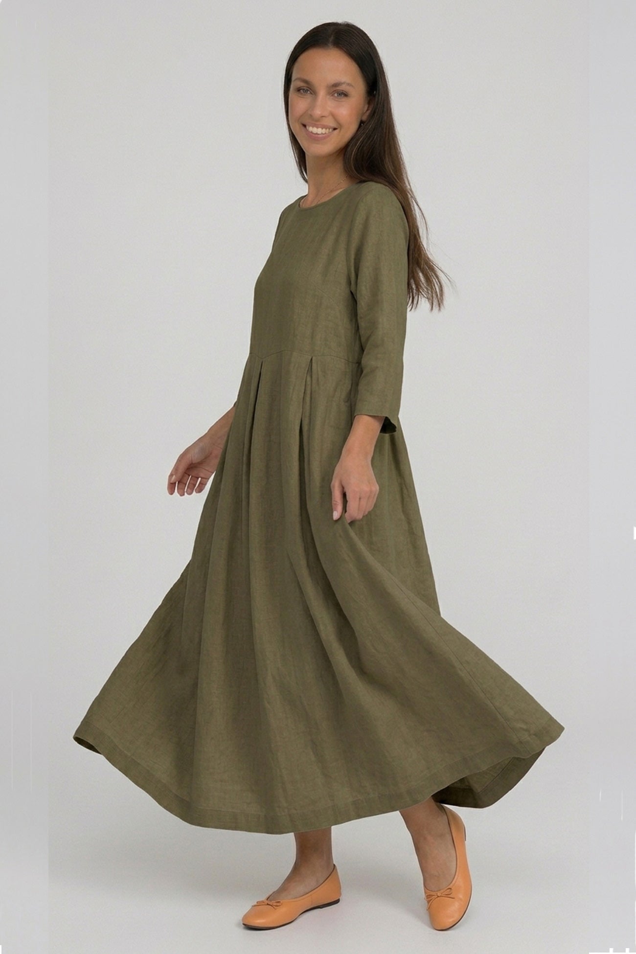 Cotton Linen Long Sleeve Loose Midi Dress