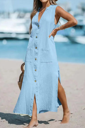 Cotton Linen Single-breasted Slit Tank Dress