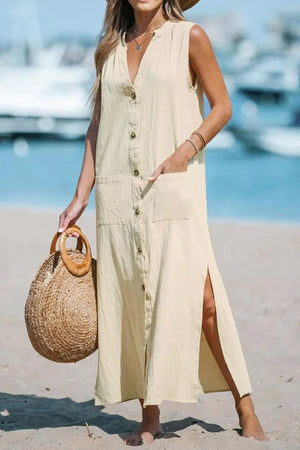Cotton Linen Single-breasted Slit Tank Dress