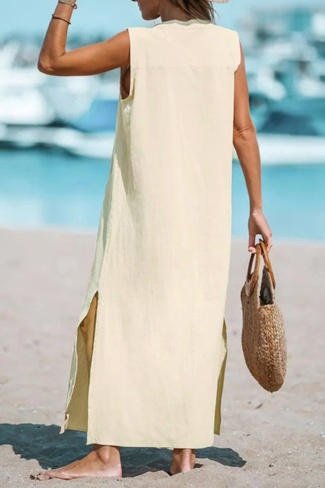 Cotton Linen Single-breasted Slit Tank Dress