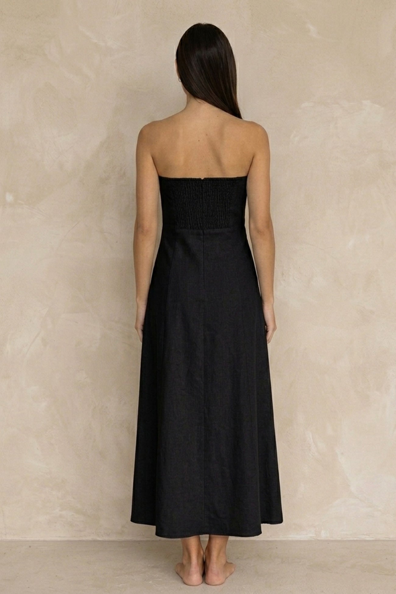 Cotton Linen Smocked Strapless Dress