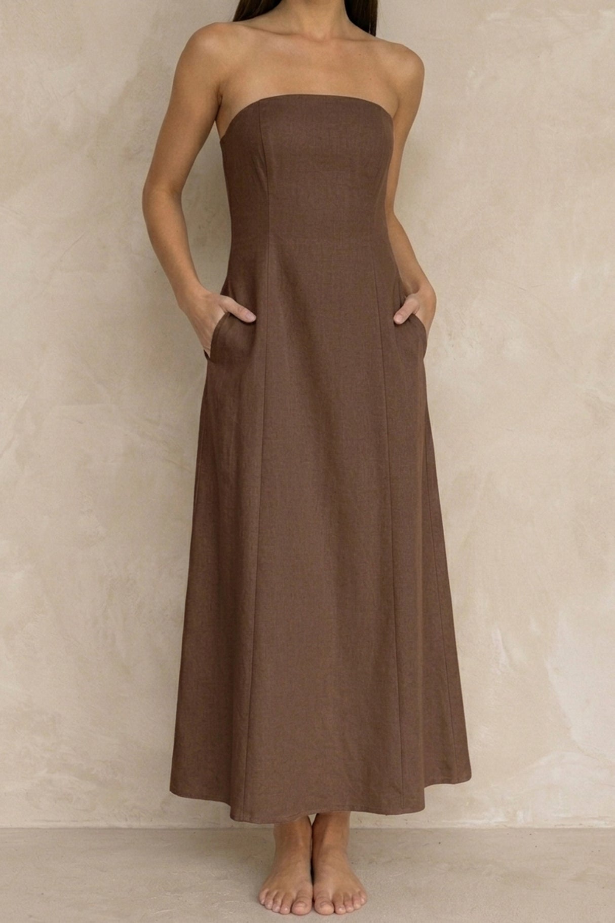 Cotton Linen Smocked Strapless Dress