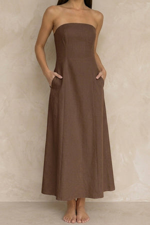 Cotton Linen Smocked Strapless Dress