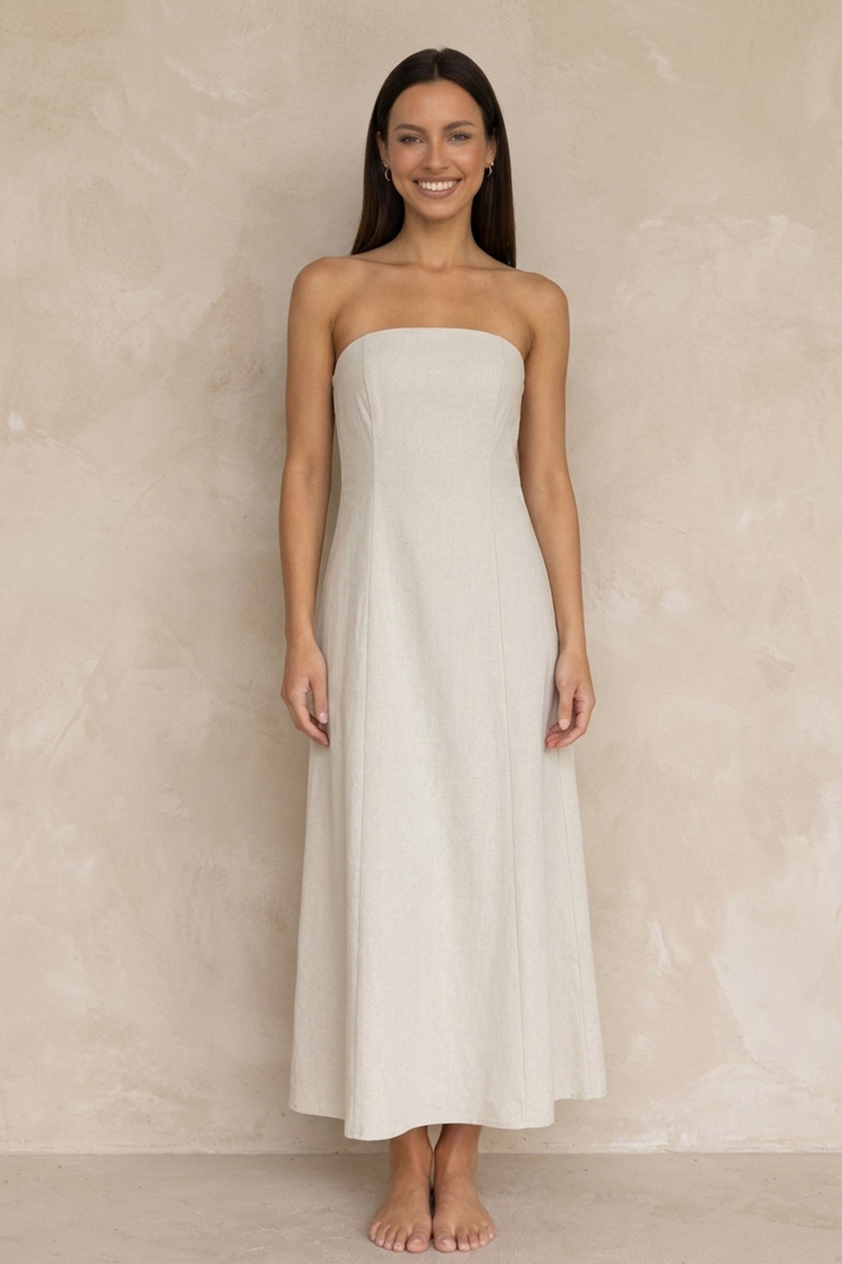 Cotton Linen Smocked Strapless Dress
