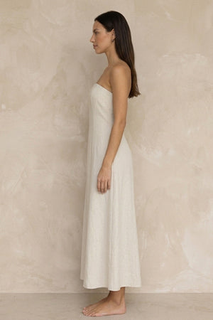 Cotton Linen Smocked Strapless Dress