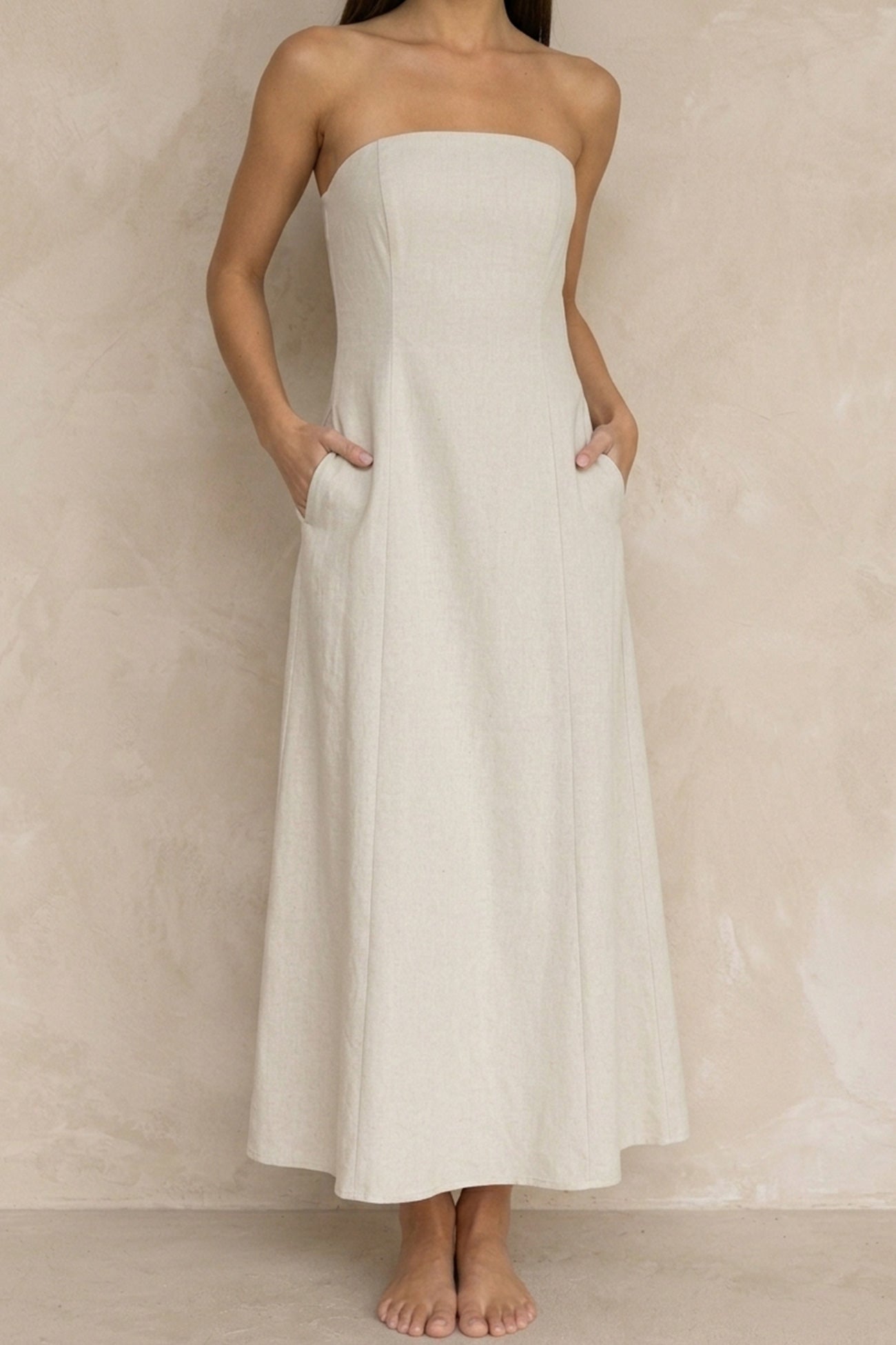 Cotton Linen Smocked Strapless Dress AROLORA Cotton Linen Smocked Strapless Dress AROLORA