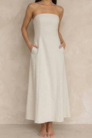 Cotton Linen Smocked Strapless Dress