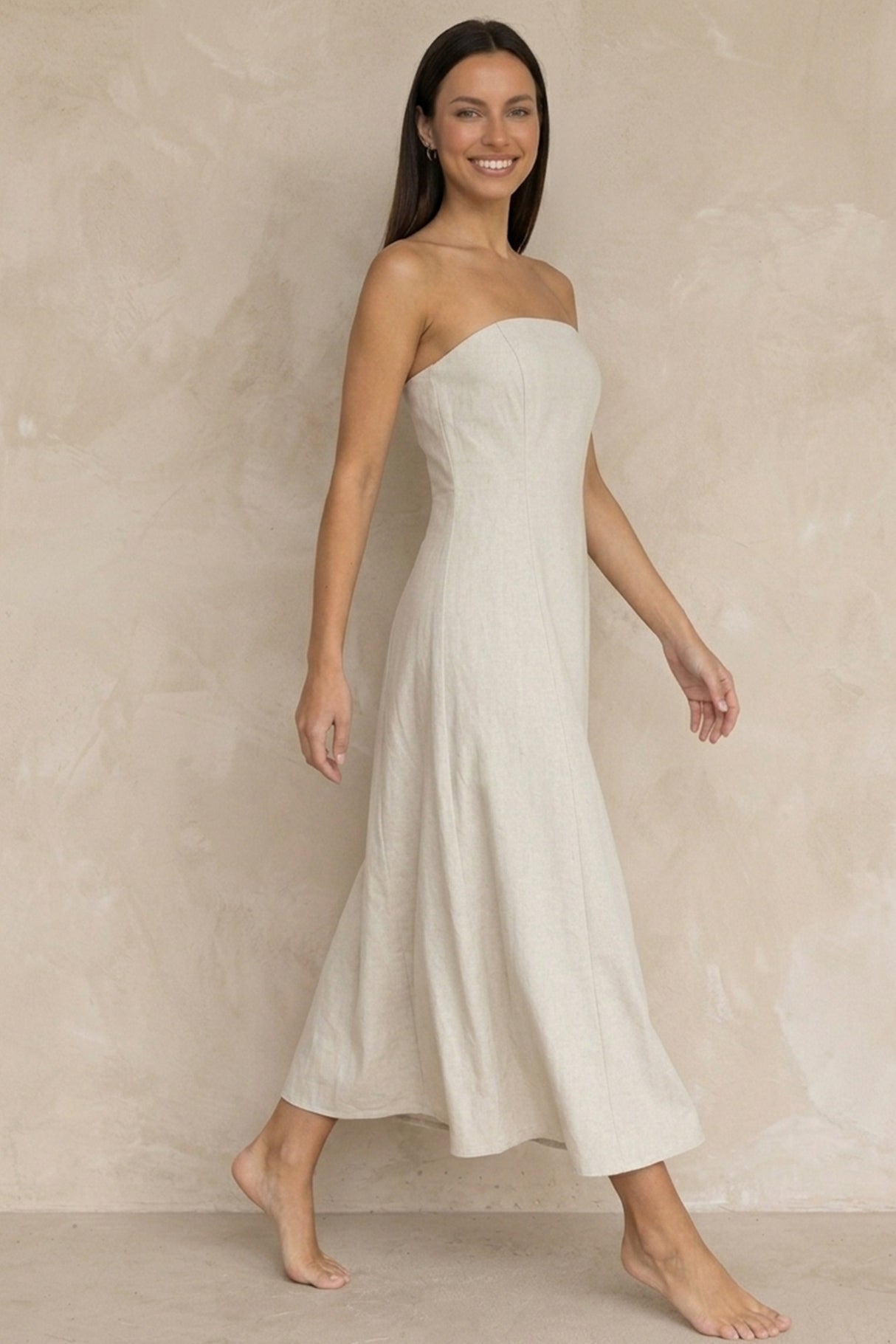 Cotton Linen Smocked Strapless Dress
