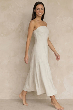 Cotton Linen Smocked Strapless Dress
