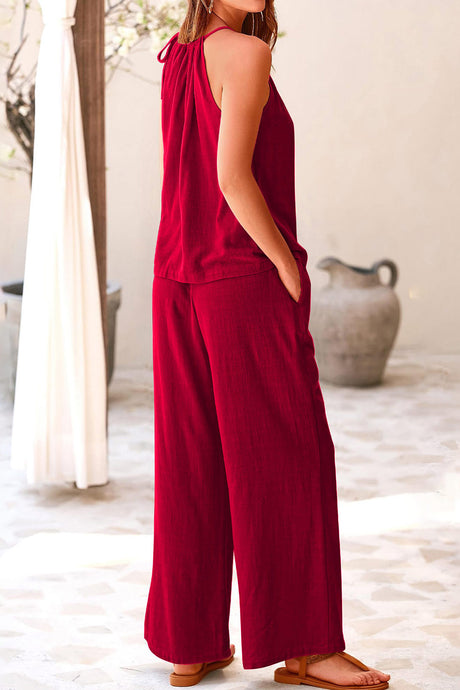 Cotton Linen Tie-up Tank Pants Suits
