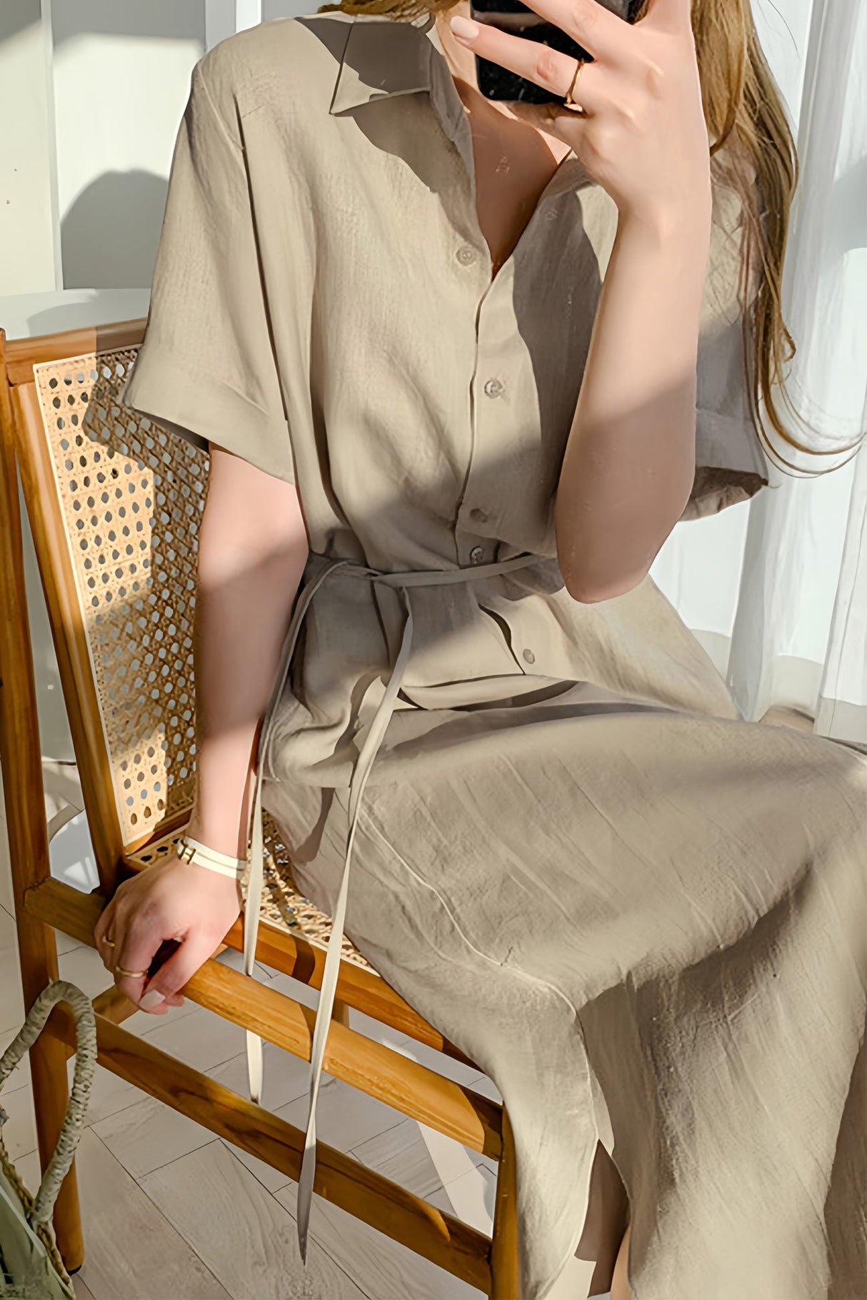 Arolora cotton-linen-tie-waist-shirt-dress