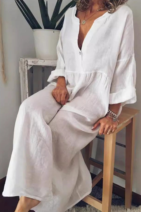 Arolora cotton-linen-v-neck-large-hem-dress