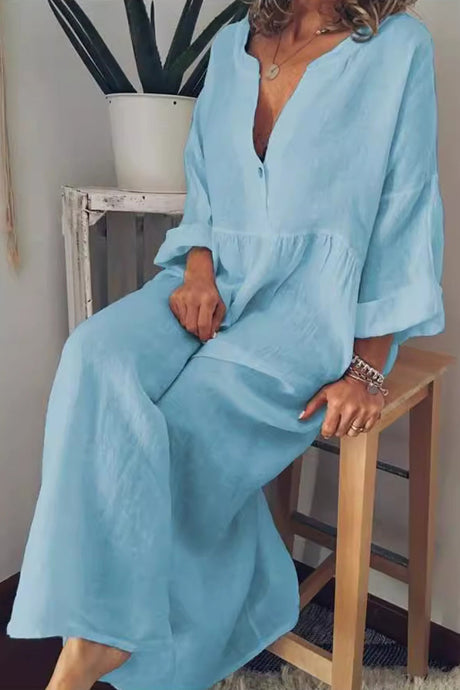 Arolora cotton-linen-v-neck-large-hem-dress