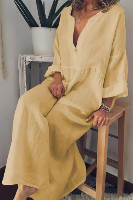 Arolora cotton-linen-v-neck-large-hem-dress