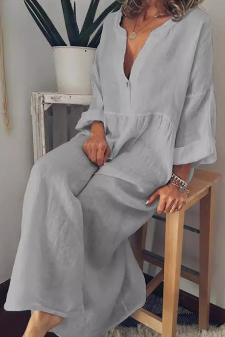 Arolora cotton-linen-v-neck-large-hem-dress