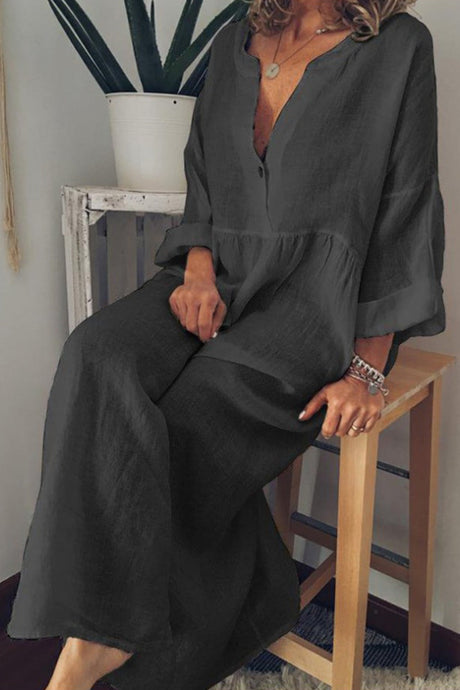 Arolora cotton-linen-v-neck-large-hem-dress