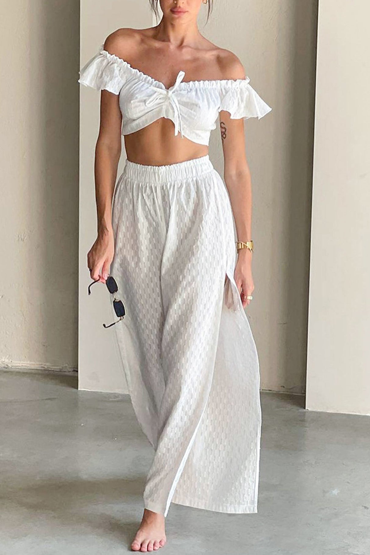 Cotton Ruffle Sleeve Slit Pants Suits