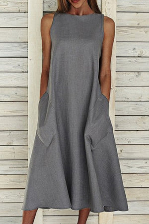 Cotton Sleeveless Large Pocket A-line Dress