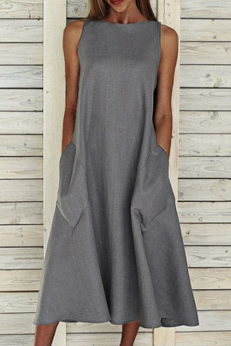 Cotton Sleeveless Large Pocket A-line Dress