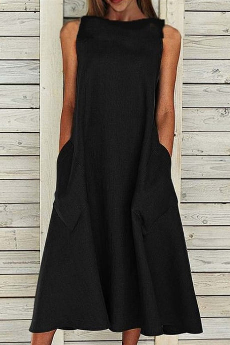 Cotton Sleeveless Large Pocket A-line Dress