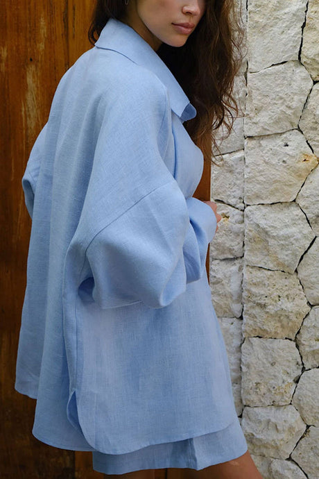 Arolora cotton-slit-hem-blouse-shorts-suits