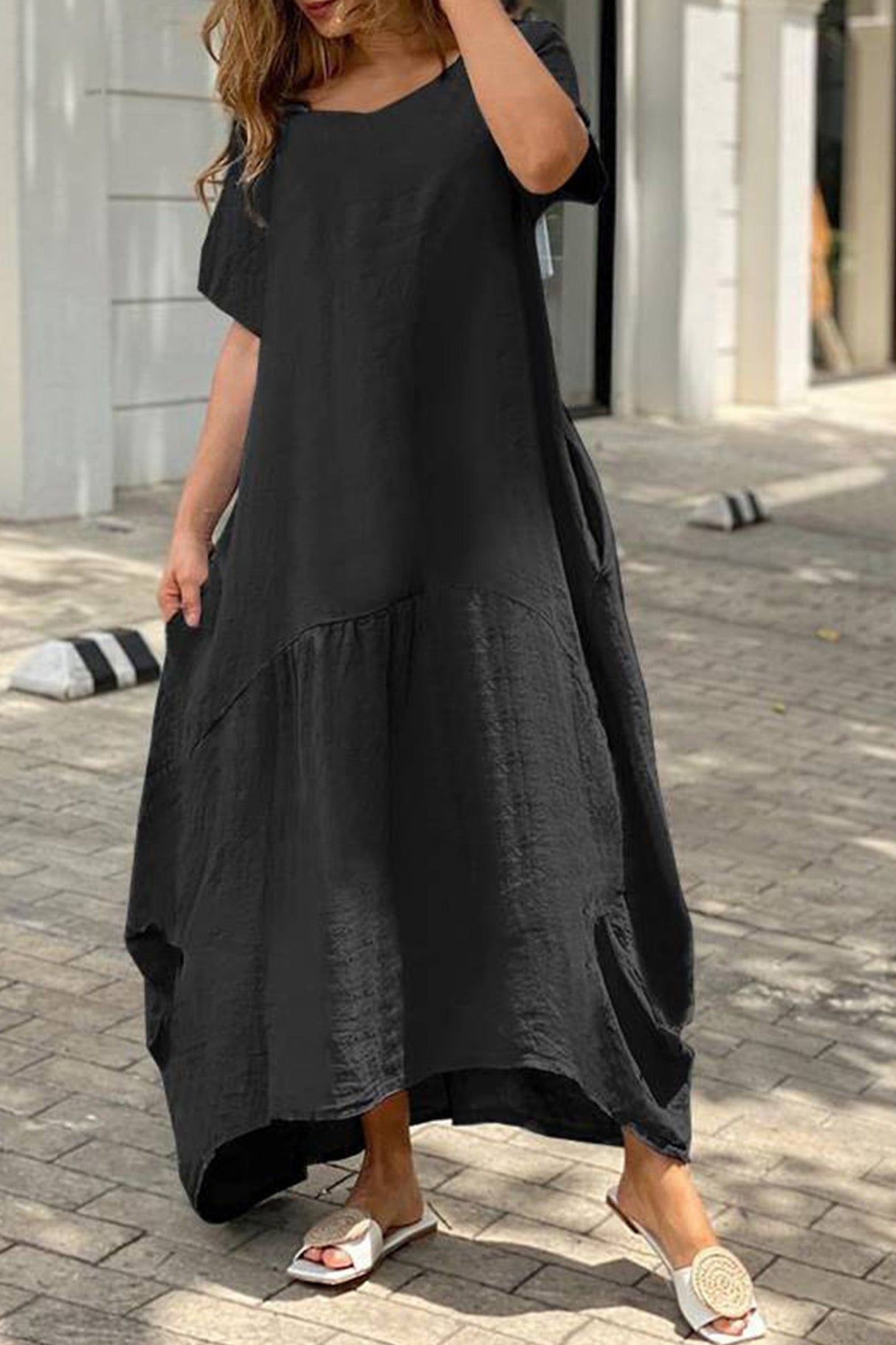 Arolora cotton-solid-large-hem-maxi-dress