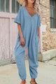Arolora cotton-solid-v-neck-loose-jumpsuits