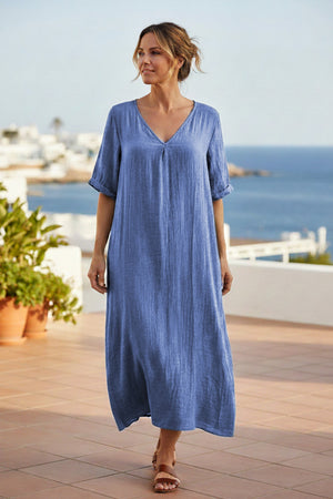 Cotton Solid V Neck Midi Dress