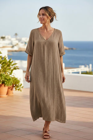 Cotton Solid V Neck Midi Dress