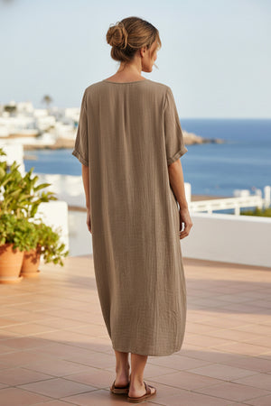 Cotton Solid V Neck Midi Dress