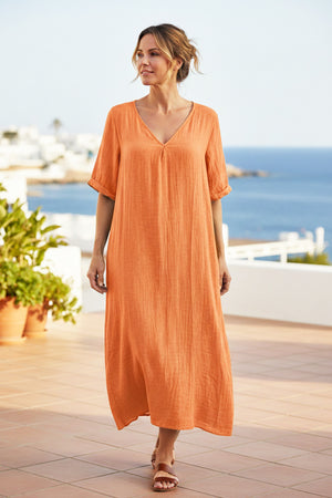 Cotton Solid V Neck Midi Dress