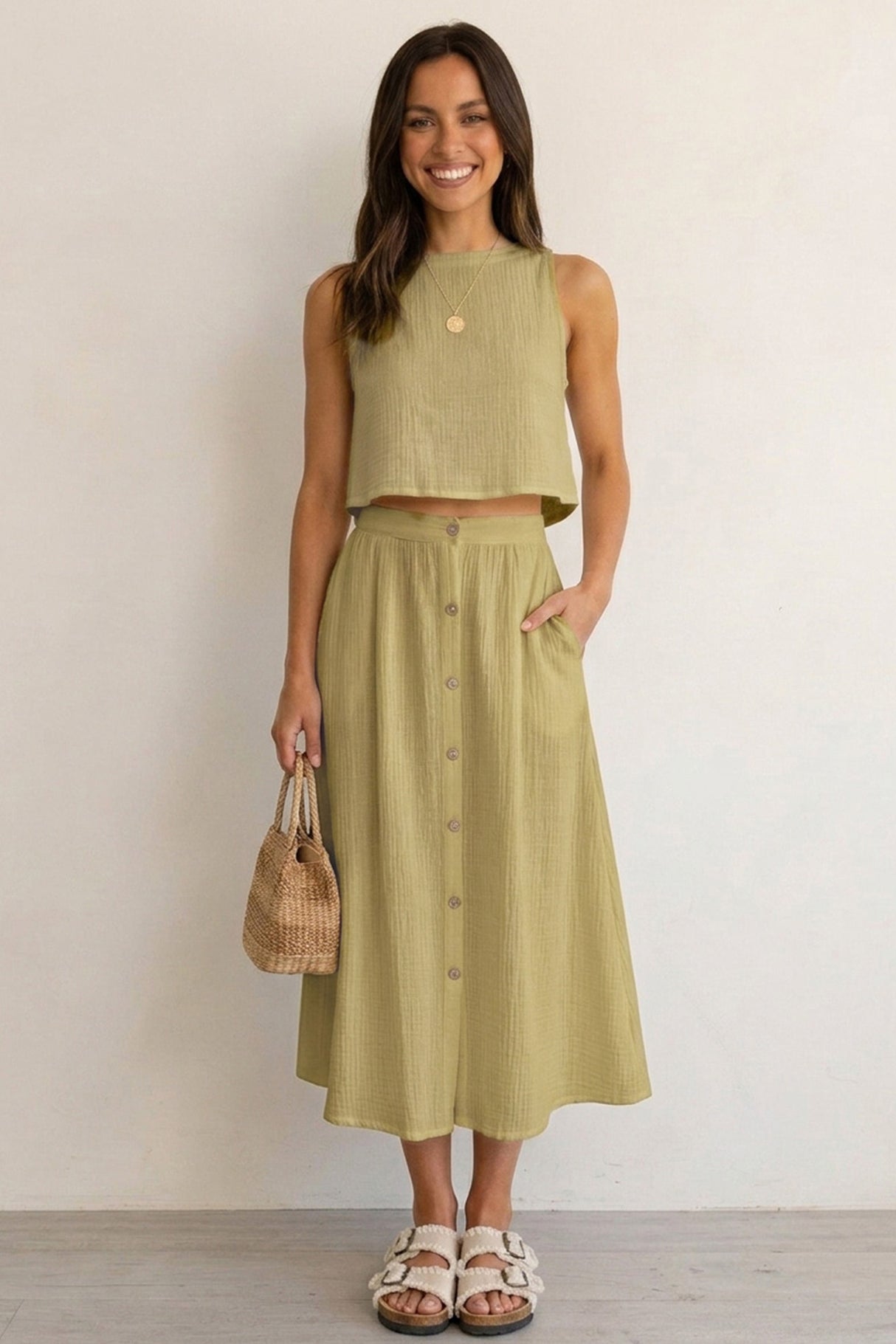 Cotton Tank Top Single-breasted Skirt Suits