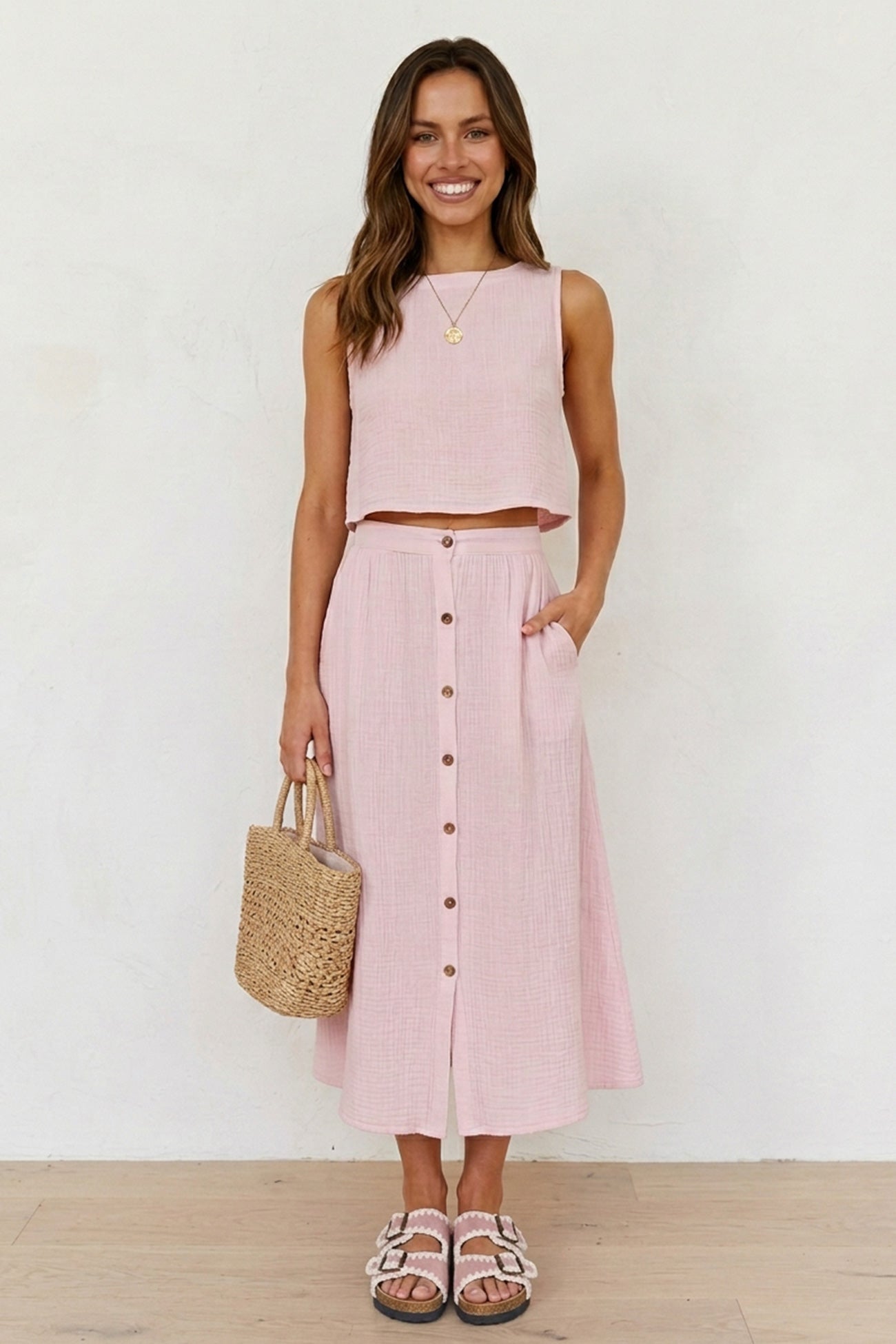 Cotton Tank Top Single-breasted Skirt Suits