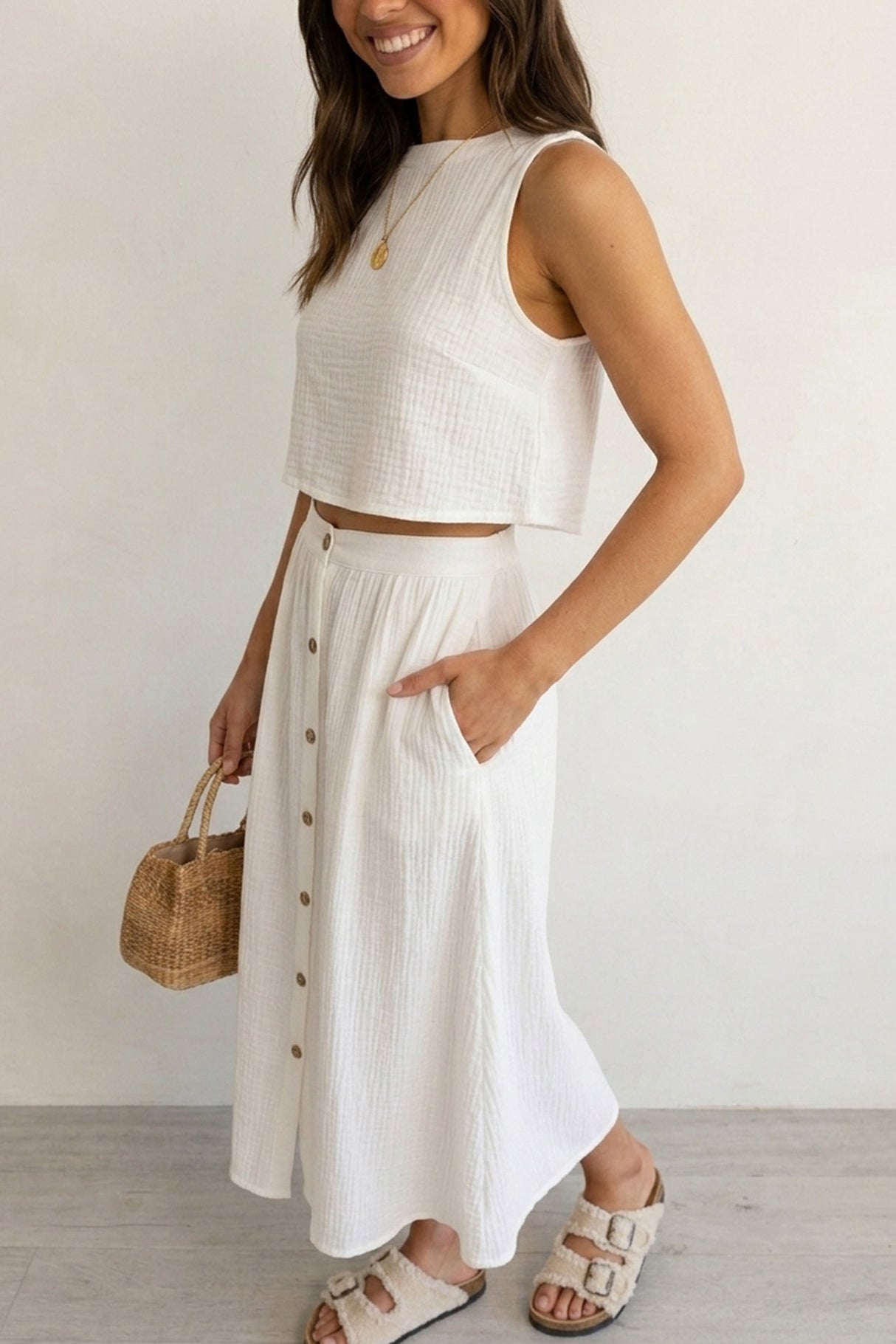 Cotton Tank Top Single-breasted Skirt Suits