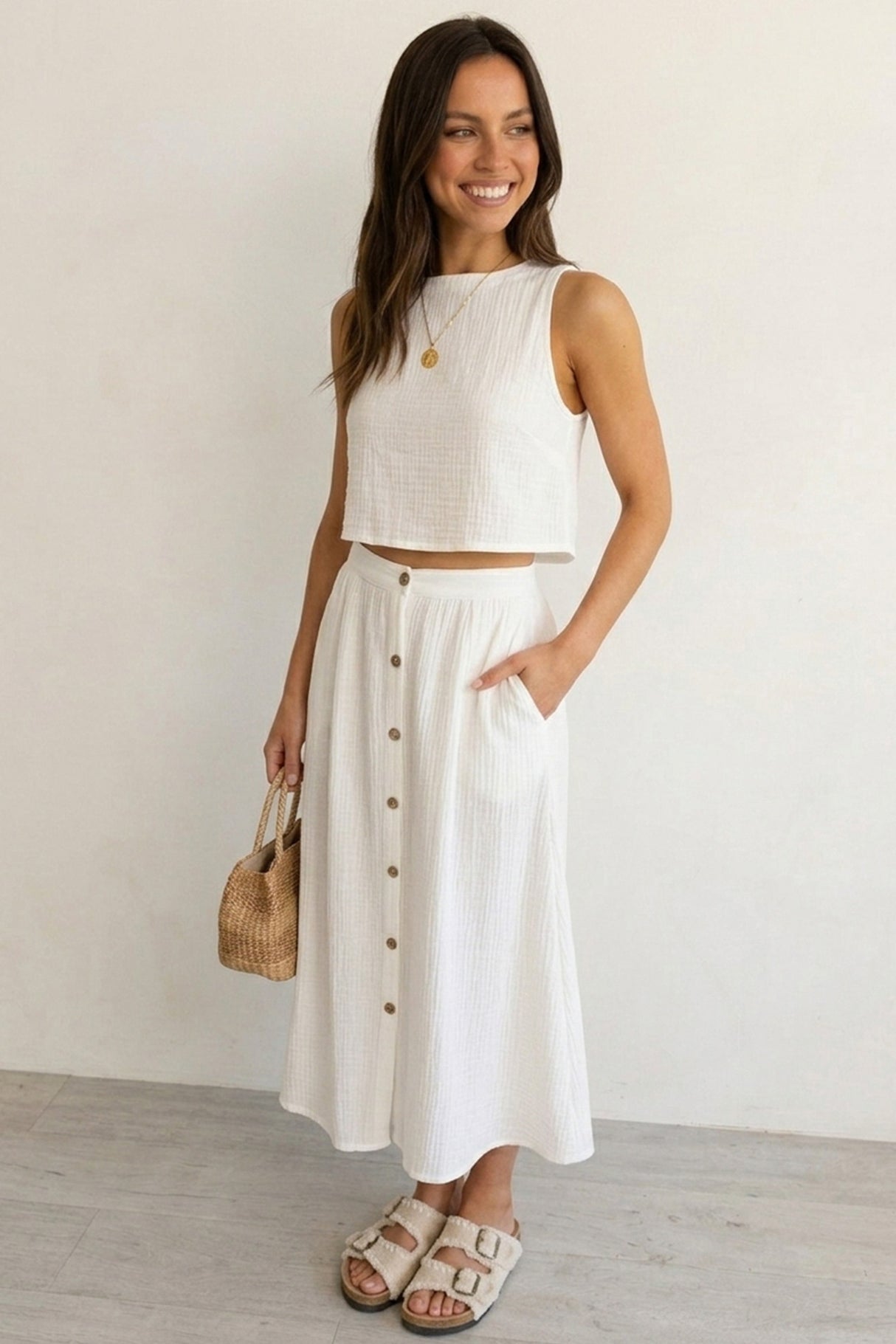 Cotton Tank Top Single-breasted Skirt Suits