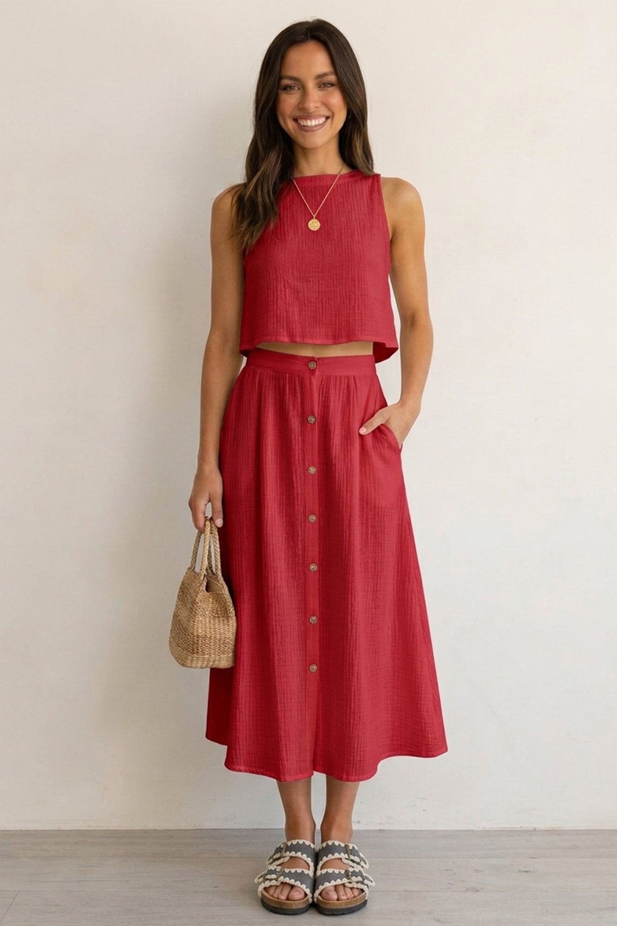 Cotton Tank Top Single-breasted Skirt Suits