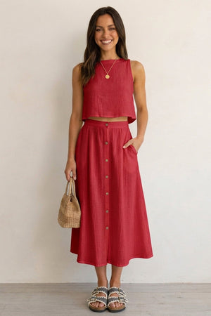 Cotton Tank Top Single-breasted Skirt Suits