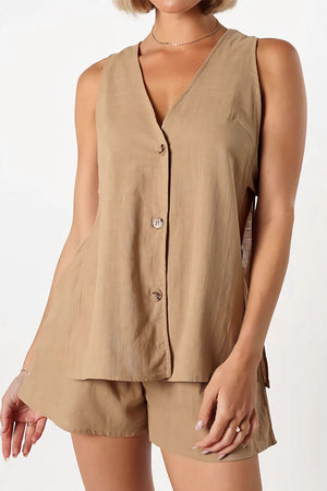 Cotton Cutout Sleeveless Button Shorts Set