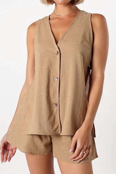 Cotton Cutout Sleeveless Button Shorts Set