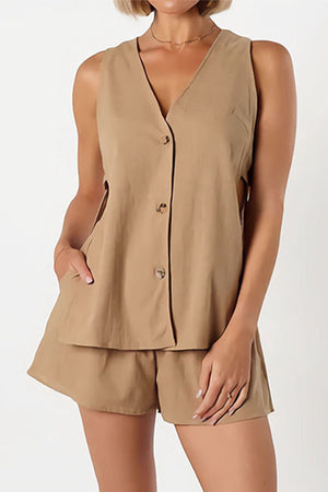Cotton Cutout Sleeveless Button Shorts Set