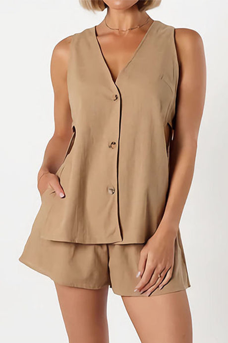 Cotton Cutout Sleeveless Button Shorts Set