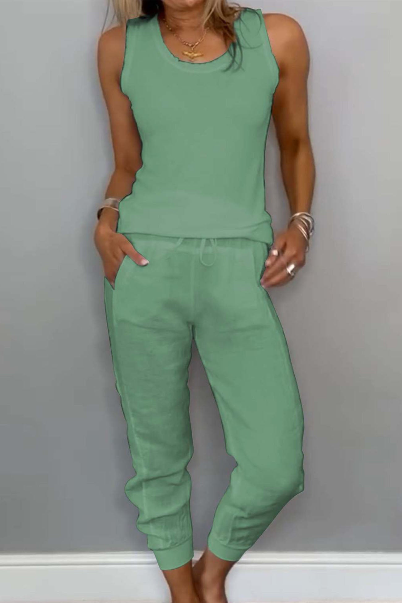 Arolora cotton-drawstring-sleeveless-pocket-two-piece-set