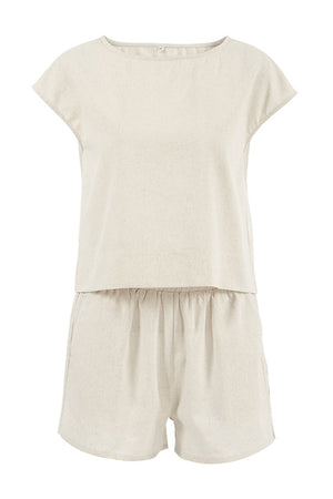 Cotton Linen Cap Sleeve Shorts Two Piece Set