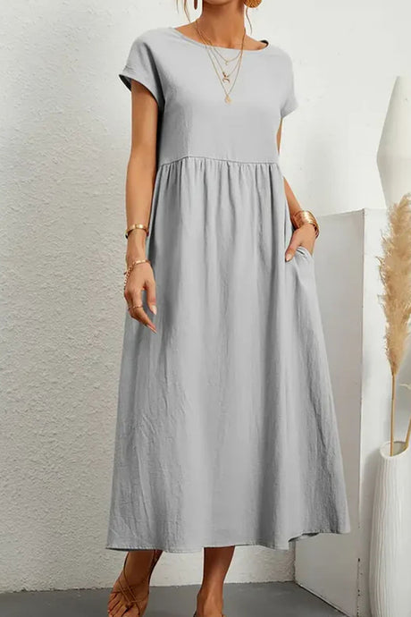 Cotton Linen Solid Short Sleeve Midi Dress