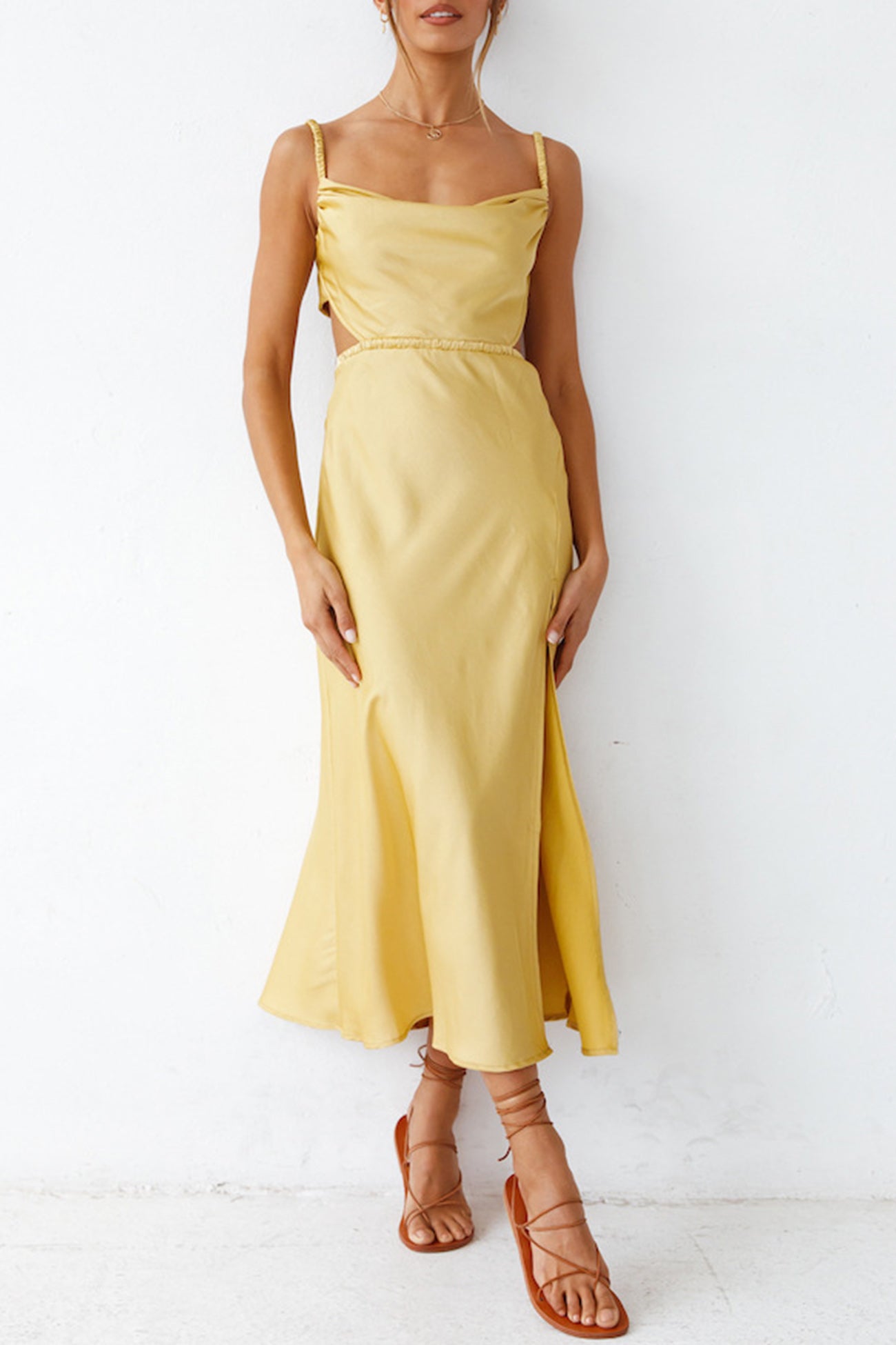 Arolora Cowl Neck Tie-back Slit Cami Dress