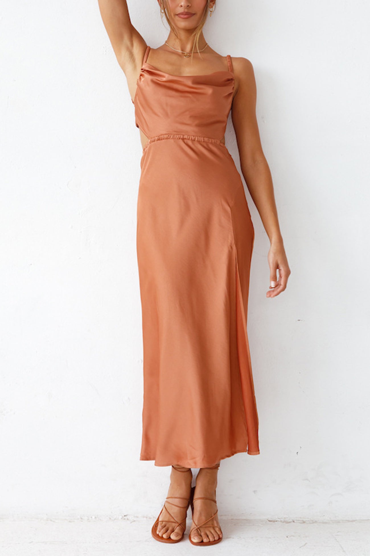 Arolora Cowl Neck Tie-back Slit Cami Dress