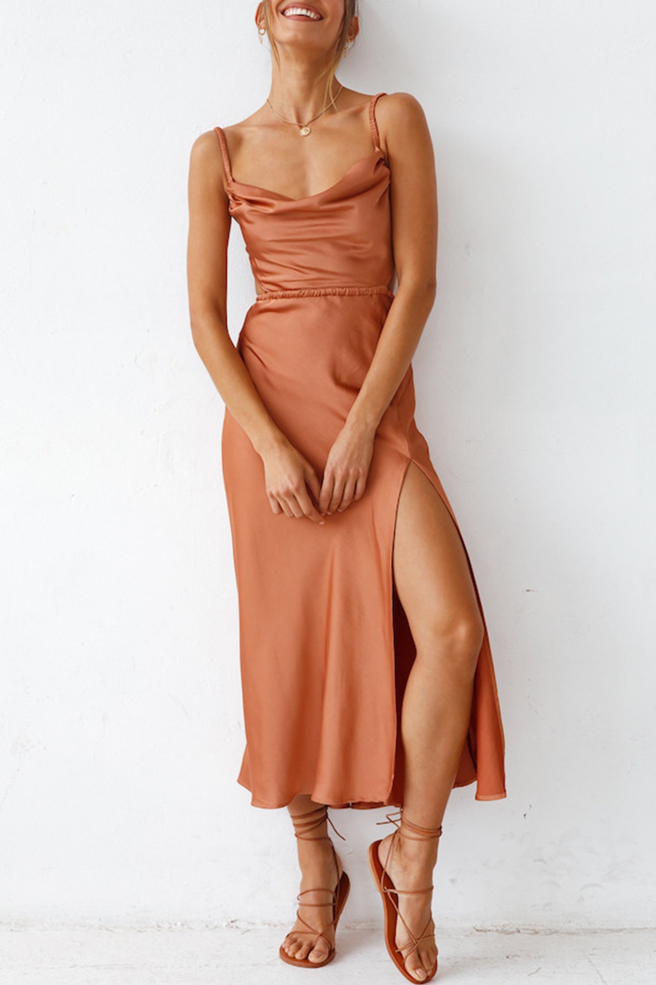 Arolora Cowl Neck Tie-back Slit Cami Dress