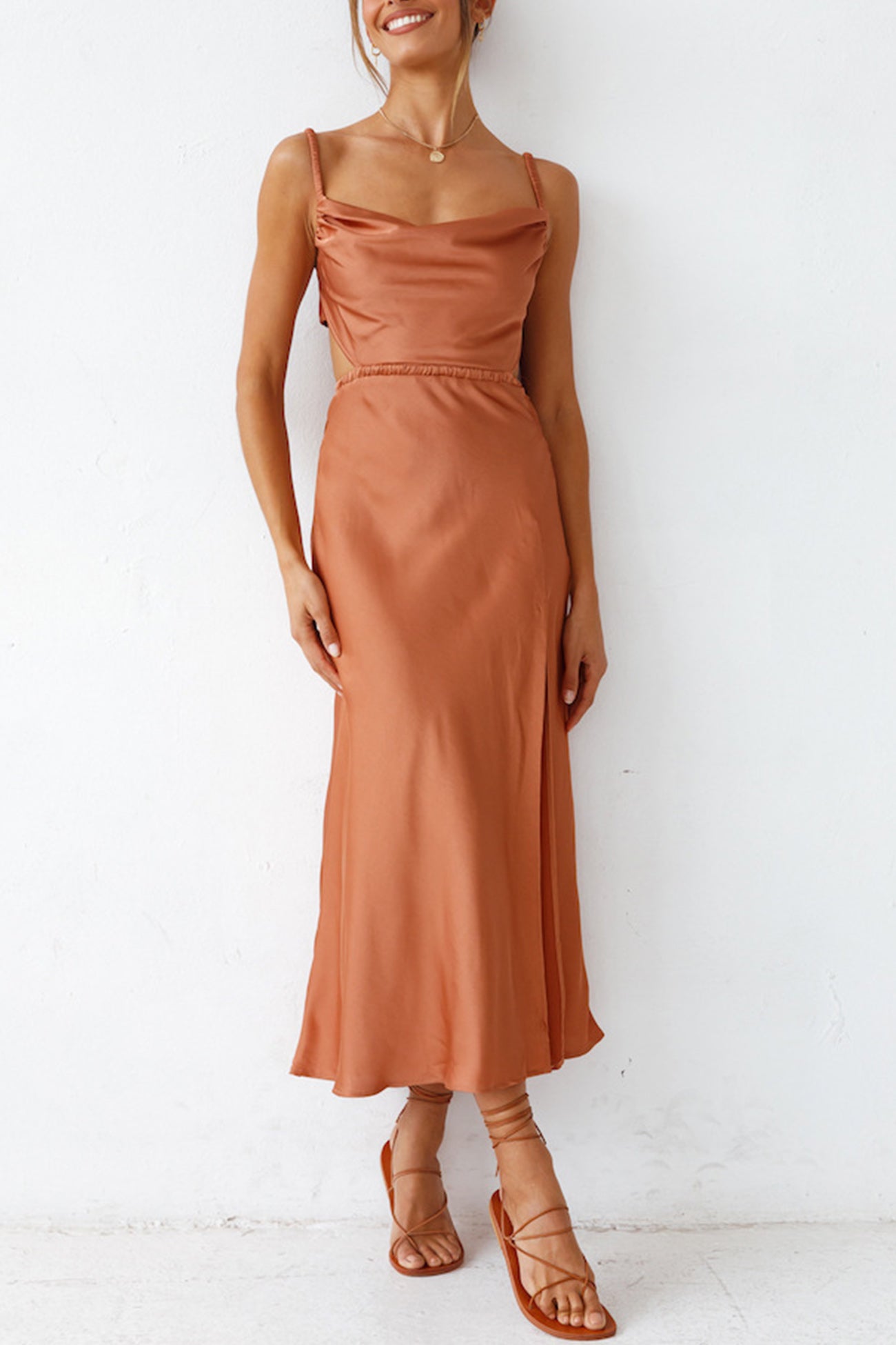Arolora Cowl Neck Tie-back Slit Cami Dress