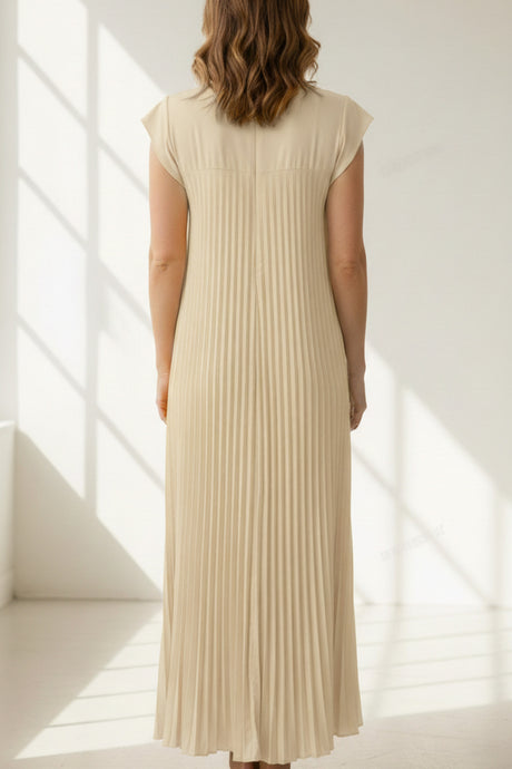 Crew Neck Cap Sleeve Pleated Dress